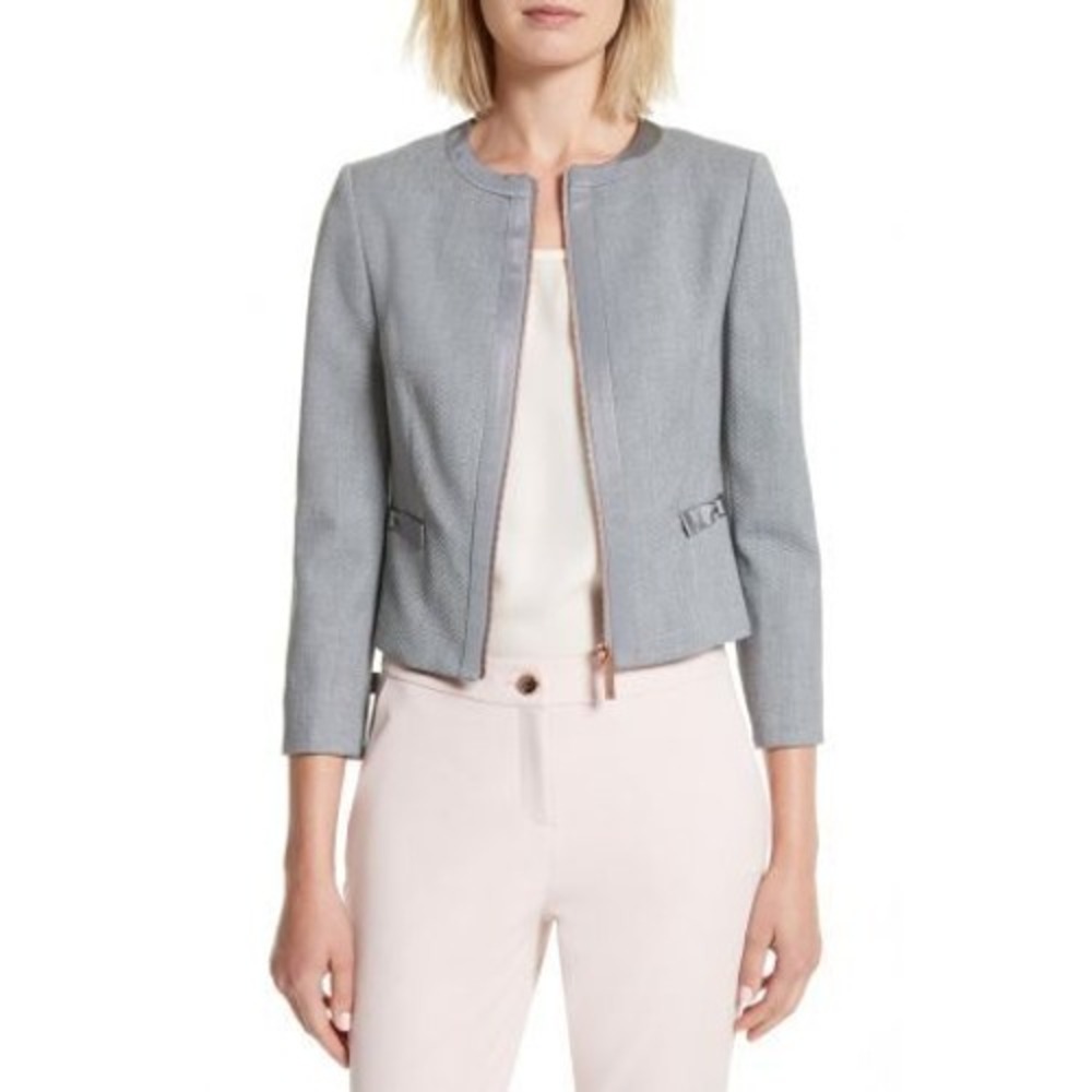 Ted Baker Grey Textured Zip Front Blazer Jacket with Bow Details Size‎ 1 XS